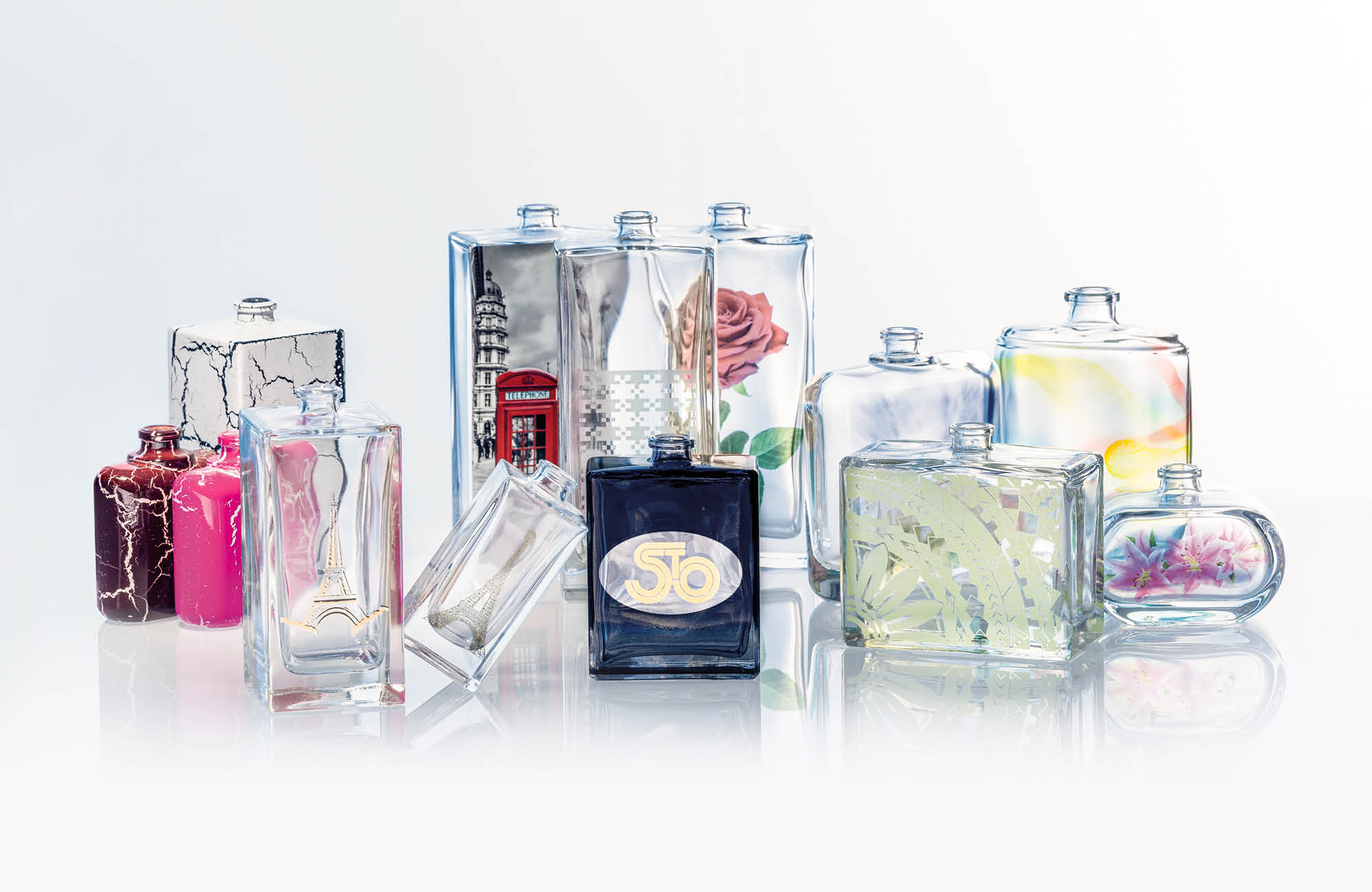 Combination of decorated perfume and cosmetic jars
