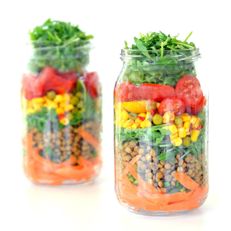 Salad layered in a glass jar