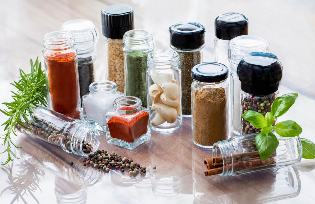 Top view of filled spice jars