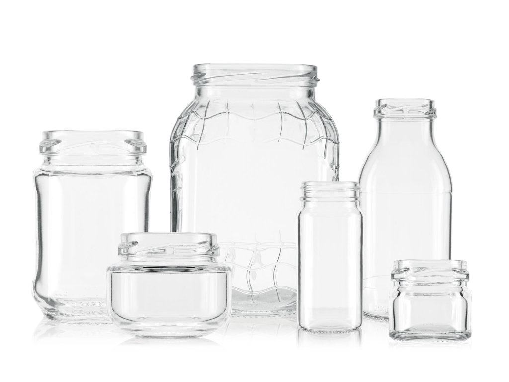 Glass jars and bottles in different
