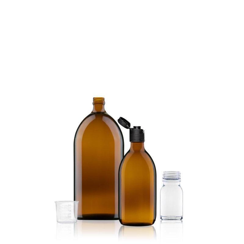 Picture showing amber syrup bottles in different sizes
