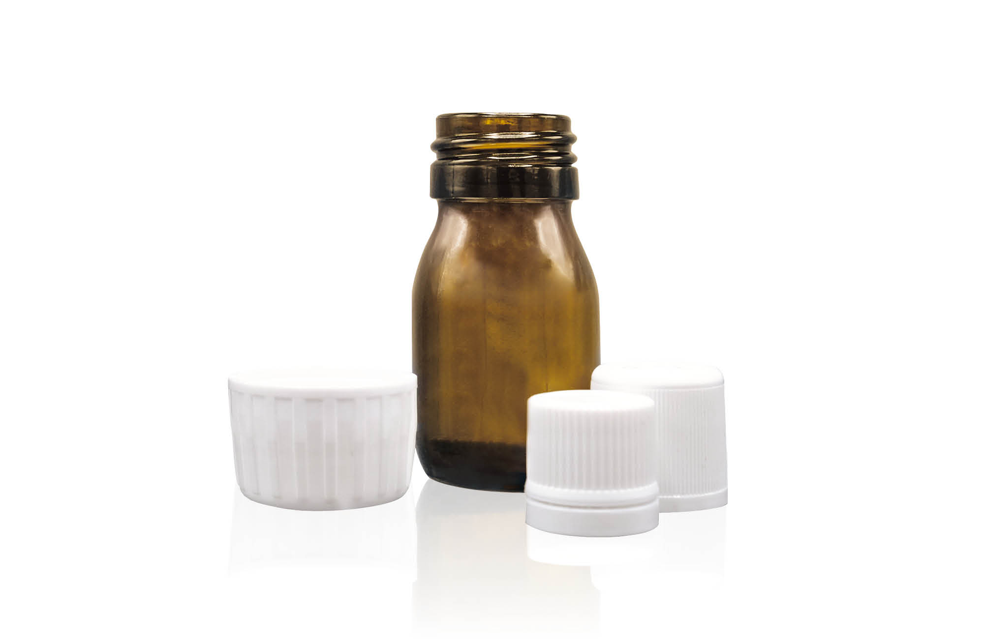 White screw cap with amber glass bottle