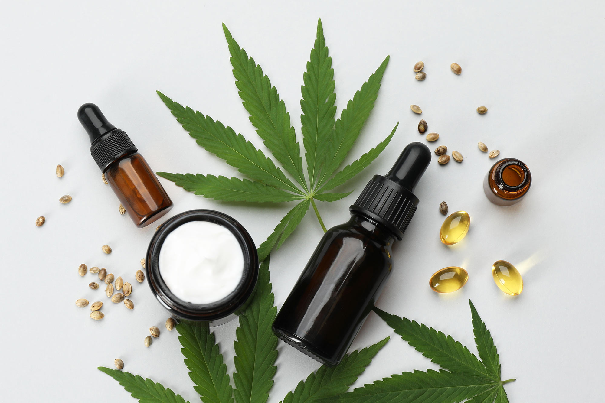 Various CBD Products in glass packaging