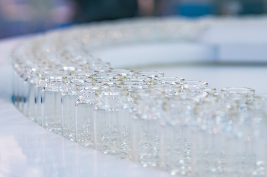 Injection bottles for antibiotics on a production line