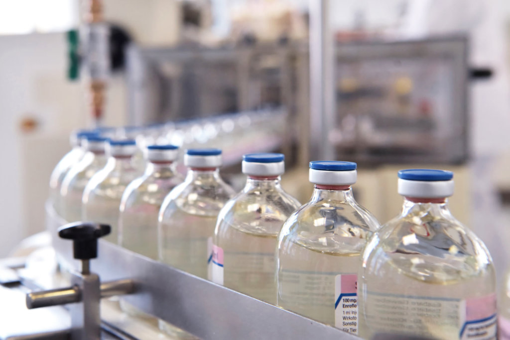 Medicine bottles on production line