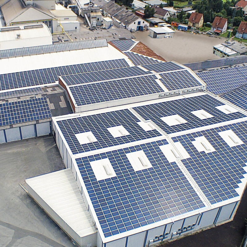 Photovoltaic panels on the warehouse roof tops of Stoelzle Oberglas in Austria