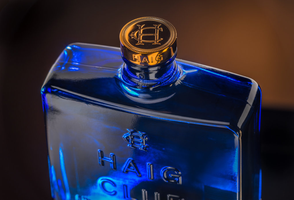 Cobalt blue spirits bottle of the brand Haig Club