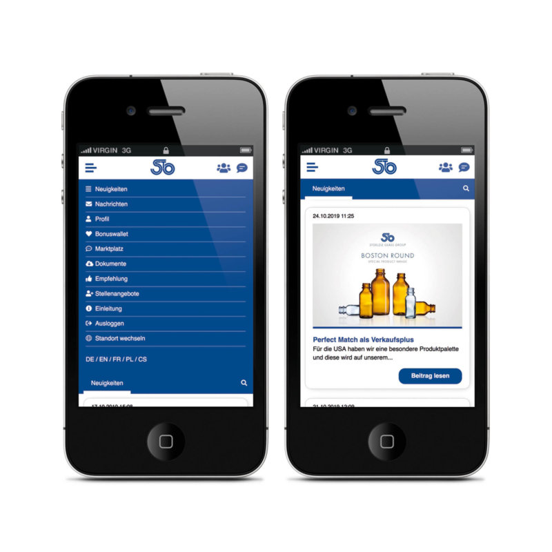 Mobile phones showing Stoelzle App surface on their screens