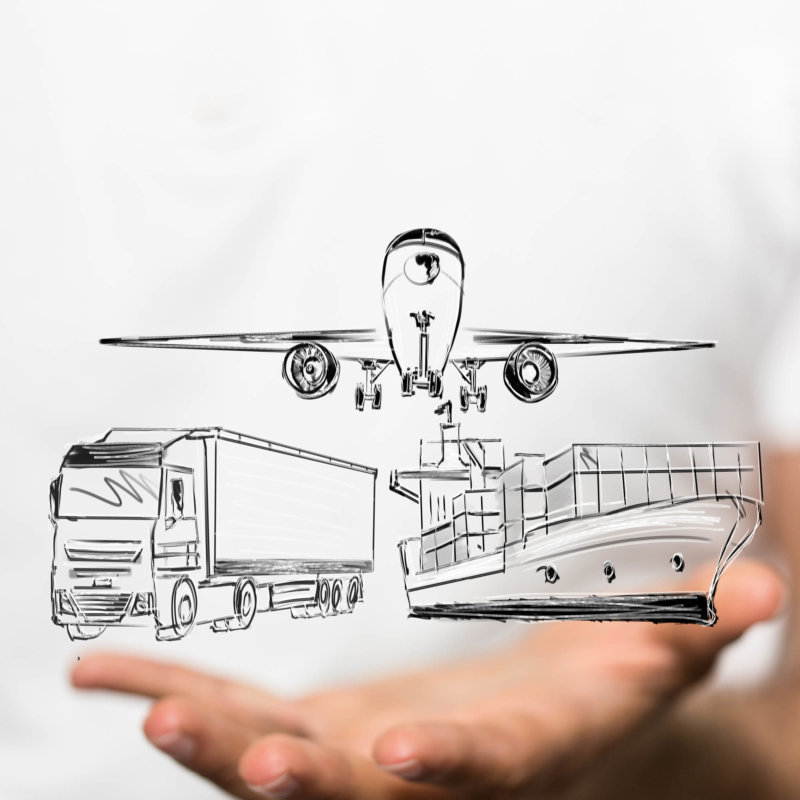 Sketch of transport means ship, truck and plane