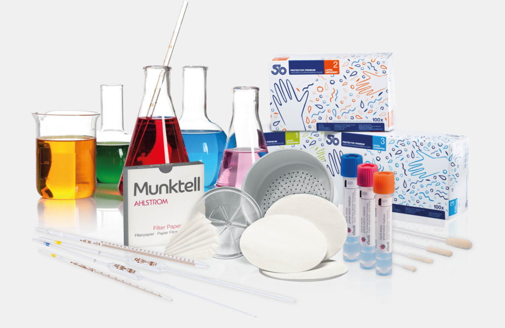 Lab equipment such as glass bottles, gloves, filters, vials and other consumables