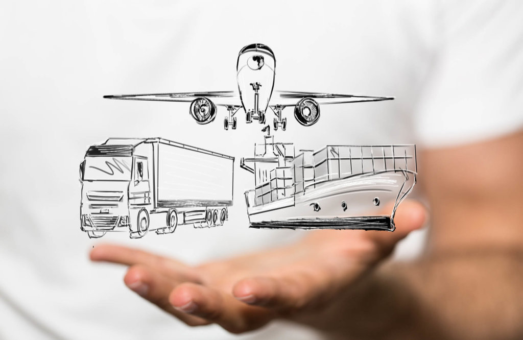 Artwork showing truck, plane and ship as transport means