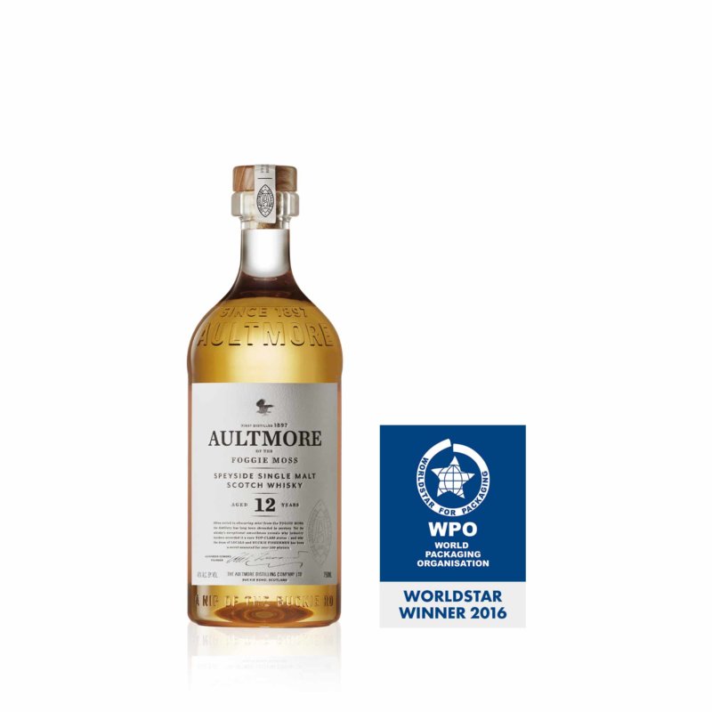 Awarded Stoelzle bottle Aultmore Whisky with winners logo