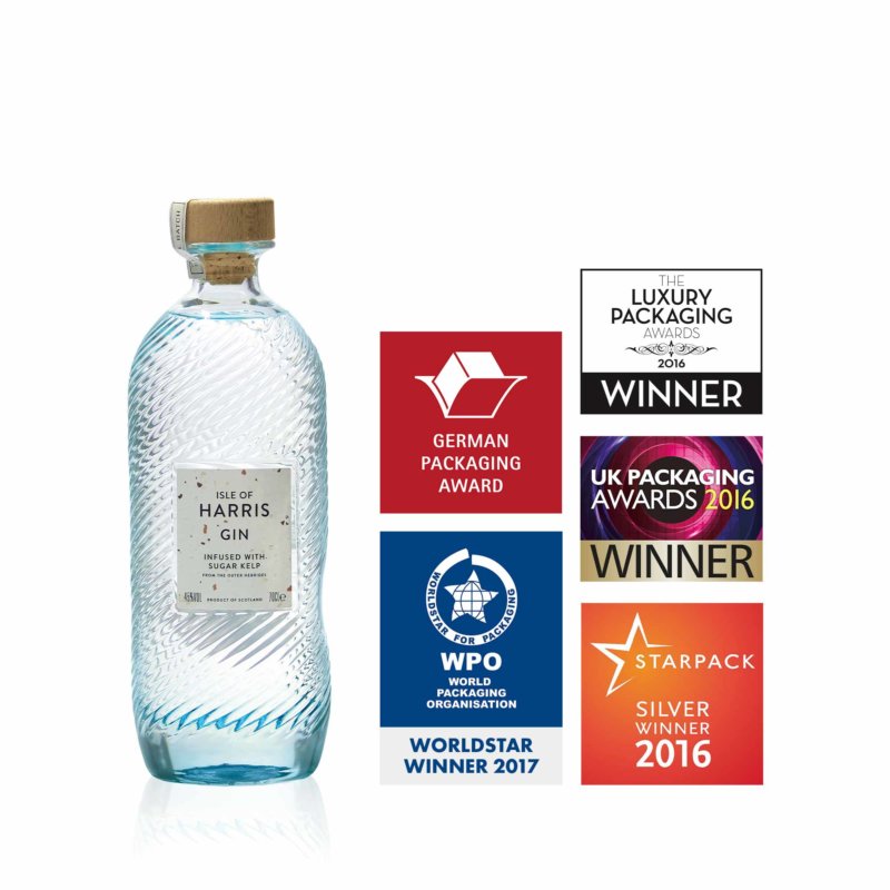 Awarded Stoelzle bottle Isle of Harris with winners logo