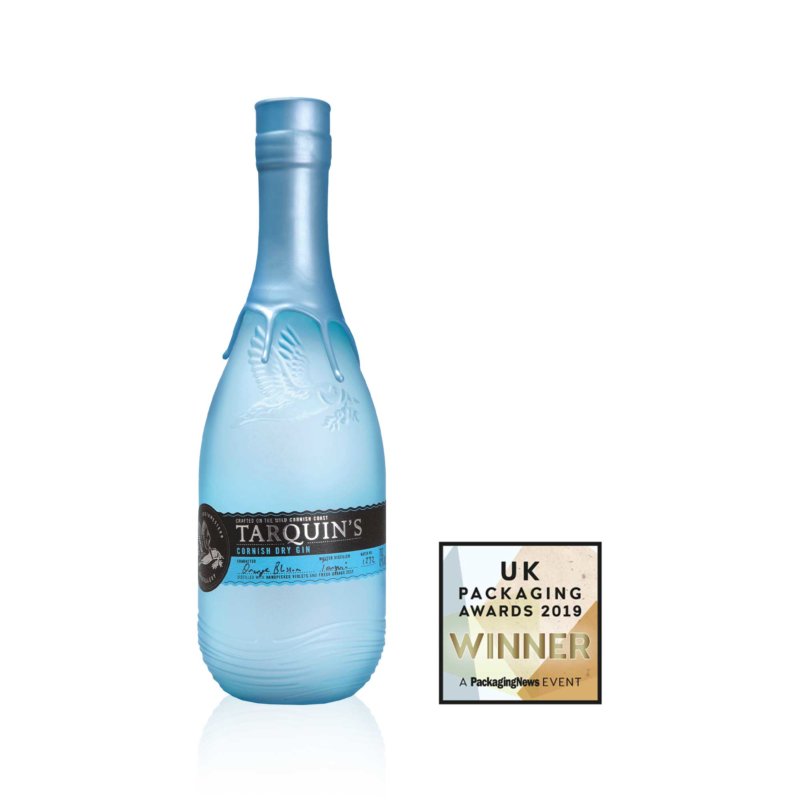 Awarded Stoelzle bottle Tarquins Cornisch Dry Gin with winners logo
