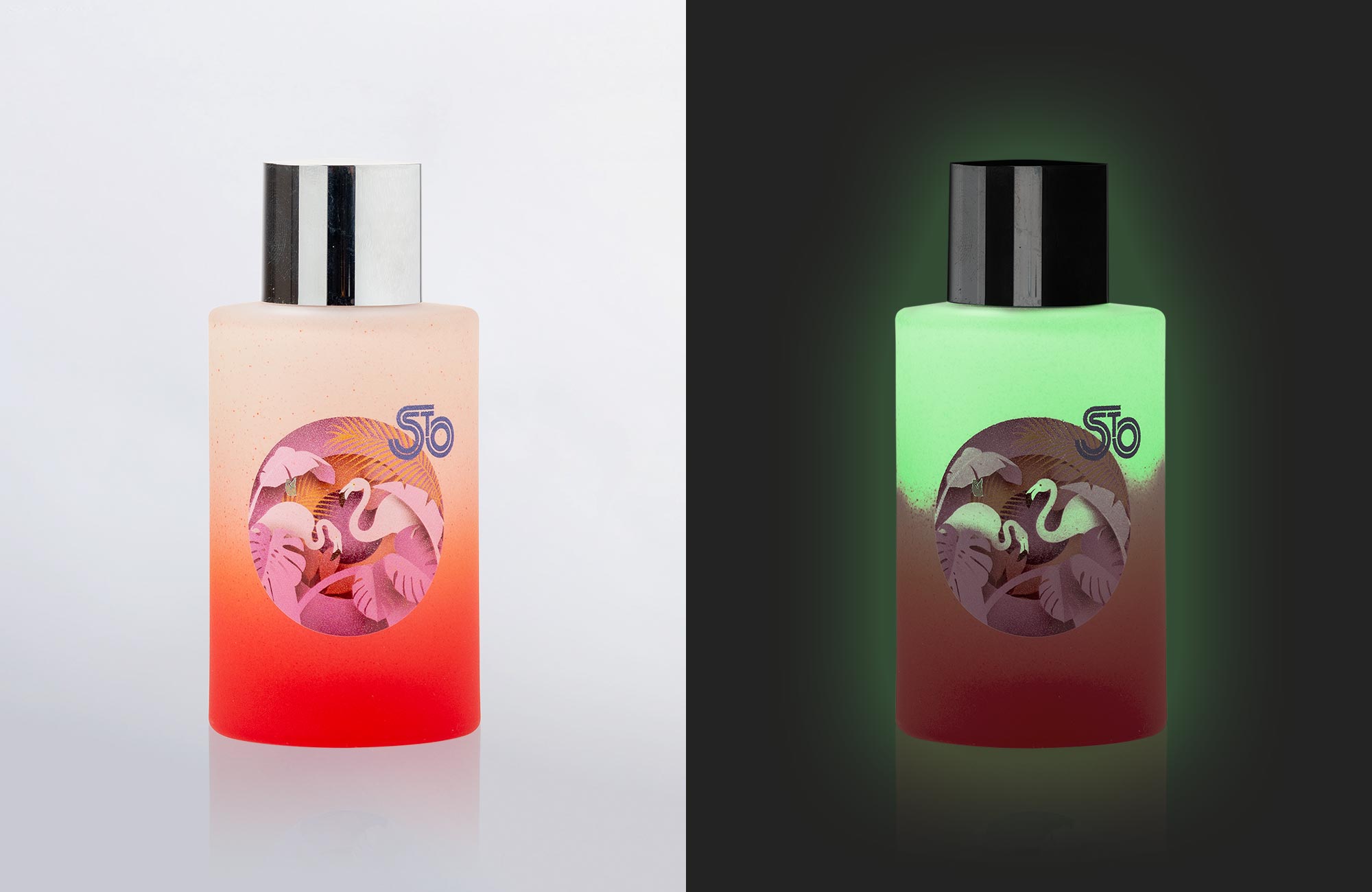 Bottles decorated with phosphorescent colour which shine in the dark