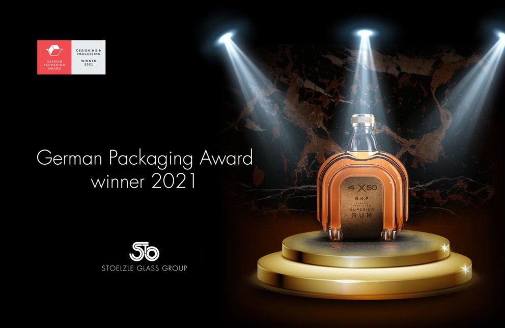 Rumflasche 4X50 mit Gewinnerlogo des Deutschen Verpackungspreises